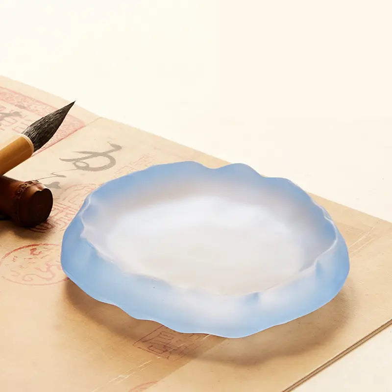 Aura Stroke | Wave-Rim Glass Ink Dish & Brush Rest | Multi-Functional Art Piece for Calligraphy (10.5cm)