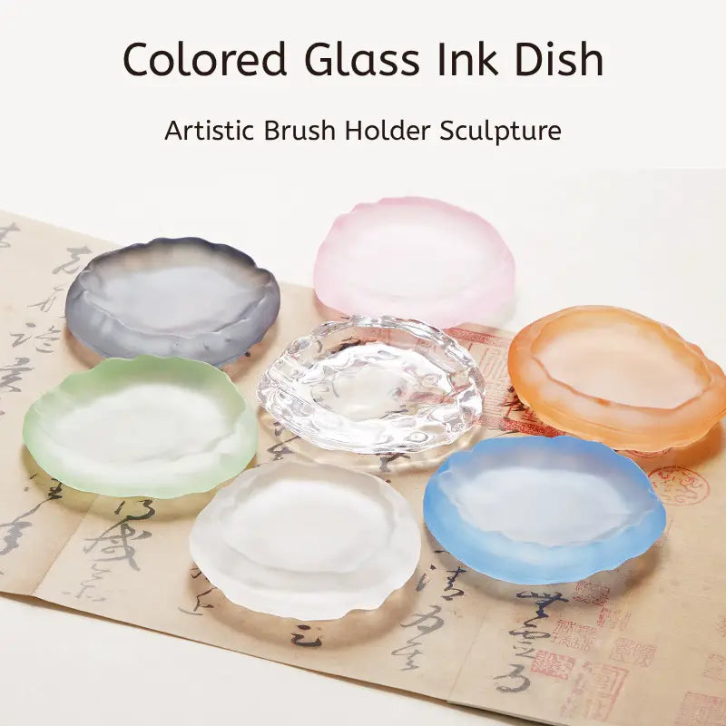 Aura Stroke | Wave-Rim Glass Ink Dish & Brush Rest | Multi-Functional Art Piece for Calligraphy (10.5cm)