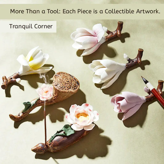Aura Stroke | Hand-Pinched Ceramic Blossom Incense Holders & Brush Rests | Miniature Desk Sculptures