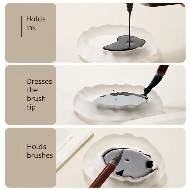 Aura Stroke | Wave-Rim Glass Ink Dish & Brush Rest | Multi-Functional Art Piece for Calligraphy (10.5cm)