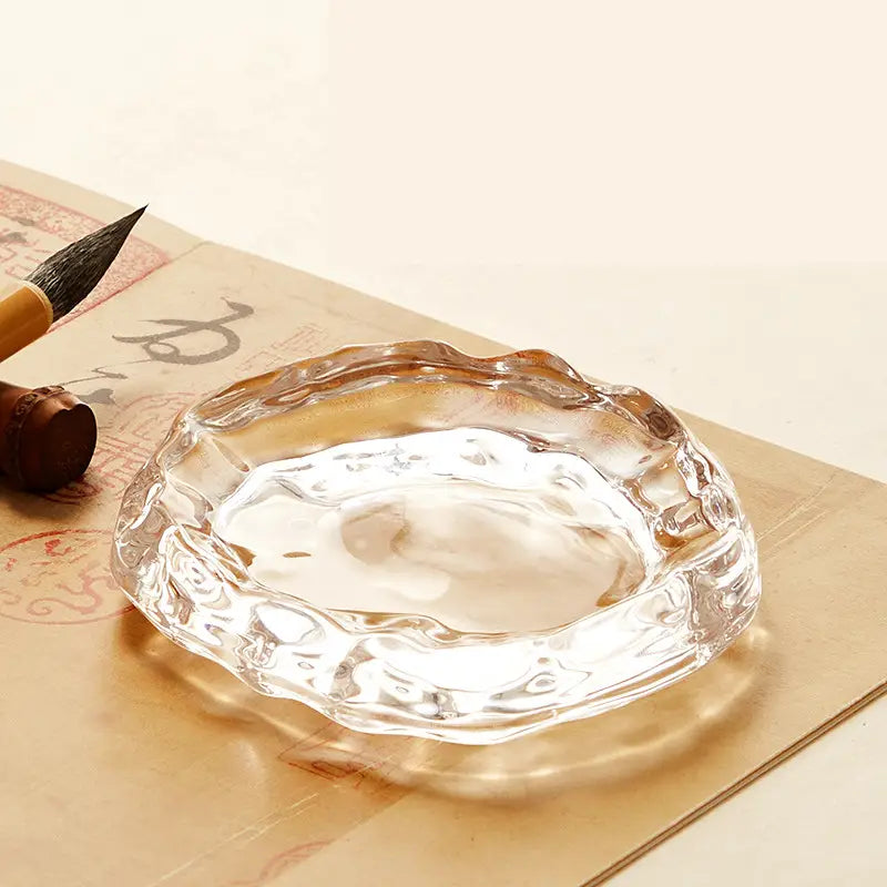 Aura Stroke | Wave-Rim Glass Ink Dish & Brush Rest | Multi-Functional Art Piece for Calligraphy (10.5cm)