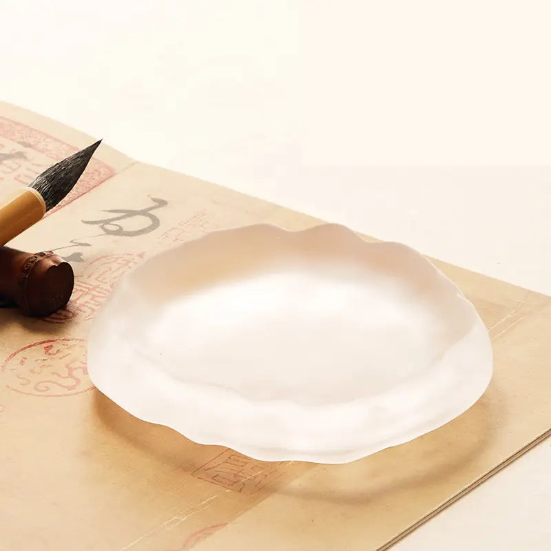 Aura Stroke | Wave-Rim Glass Ink Dish & Brush Rest | Multi-Functional Art Piece for Calligraphy (10.5cm)